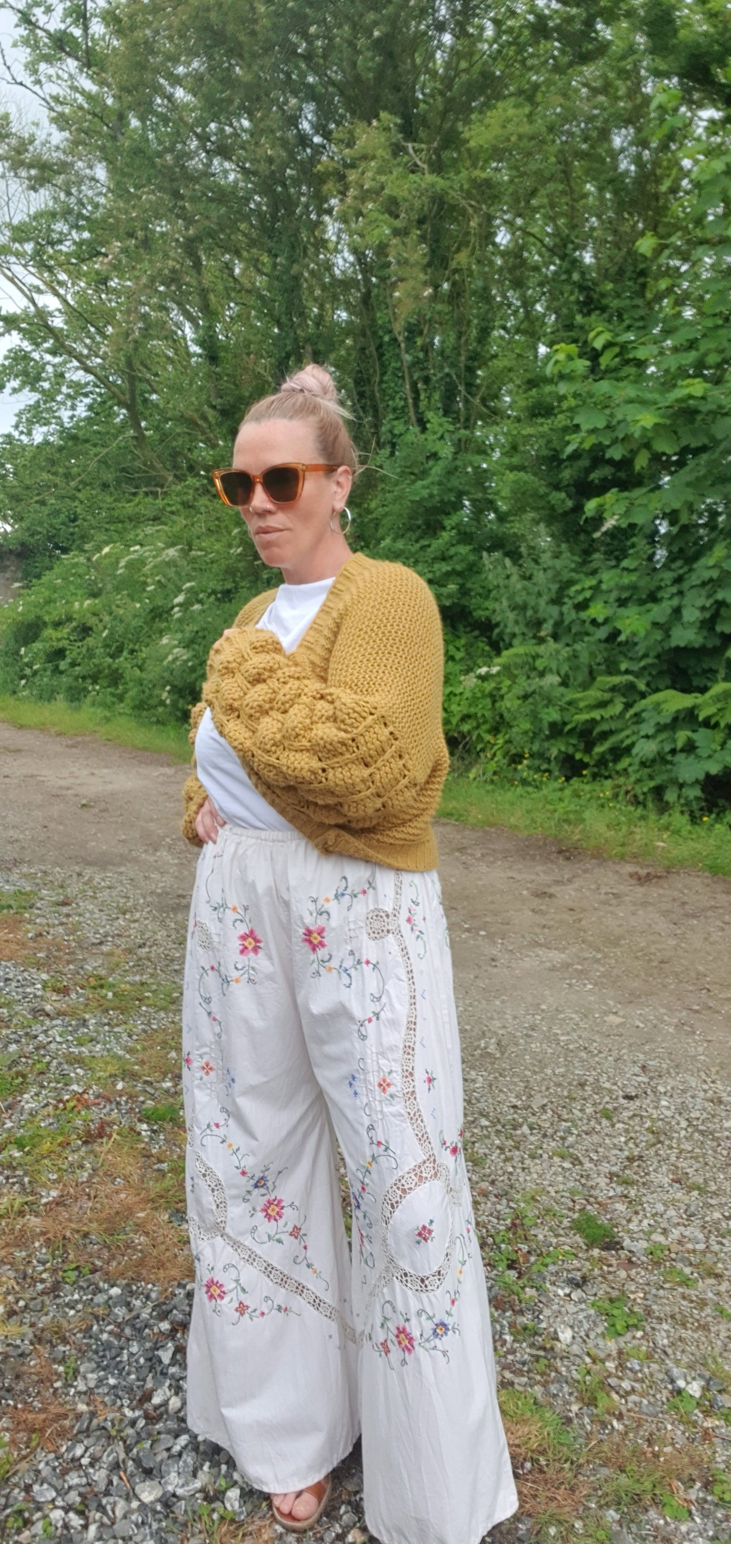 Reworked Linen Embroidery Pants Size 12 - 20