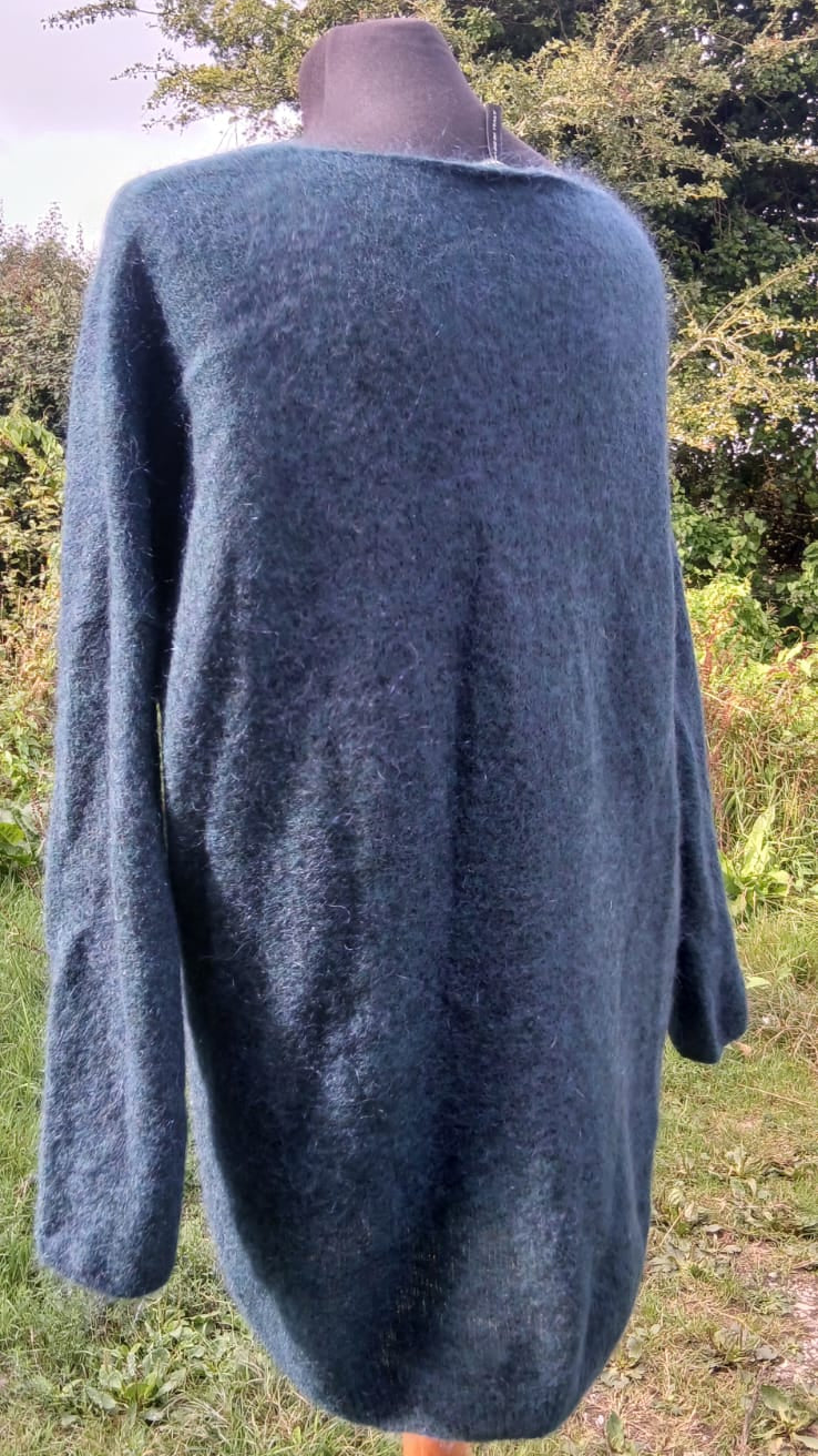 Back side of a blue-green morino Sarah Pacini sweater.