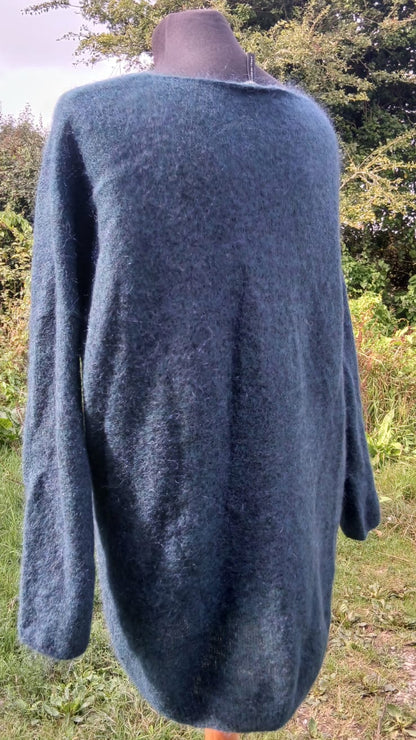 Back side of a blue-green morino Sarah Pacini sweater.