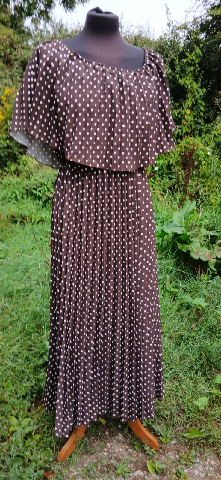 A Canella Lane brown and white polka dot maxi dress.