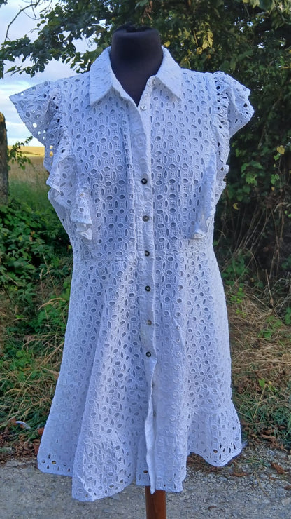 A white eyelet lace button-down shirt dress featuring ruffled cap sleeves, a pointed collar, and a button-front closure.