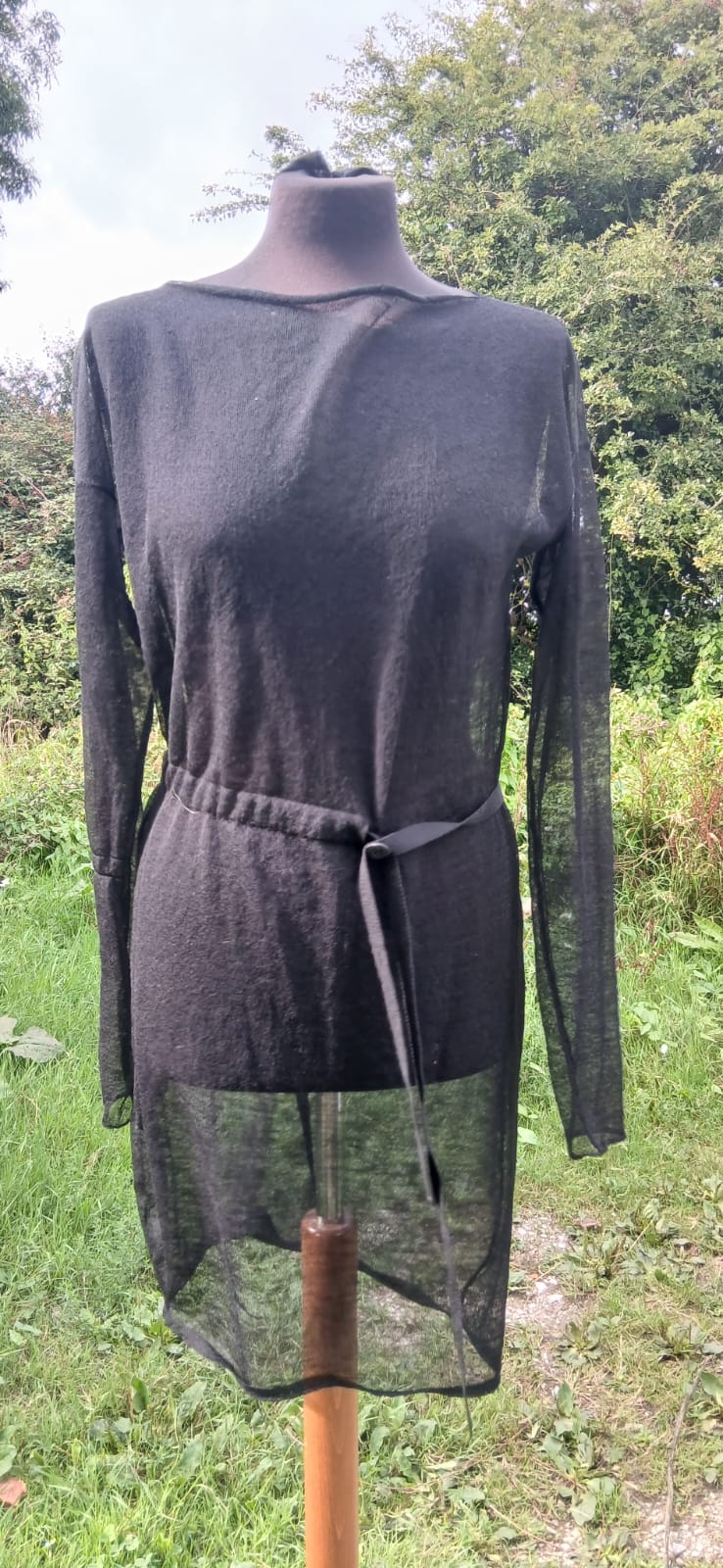 Sarah Pacini long fitted sheer dress with belt.