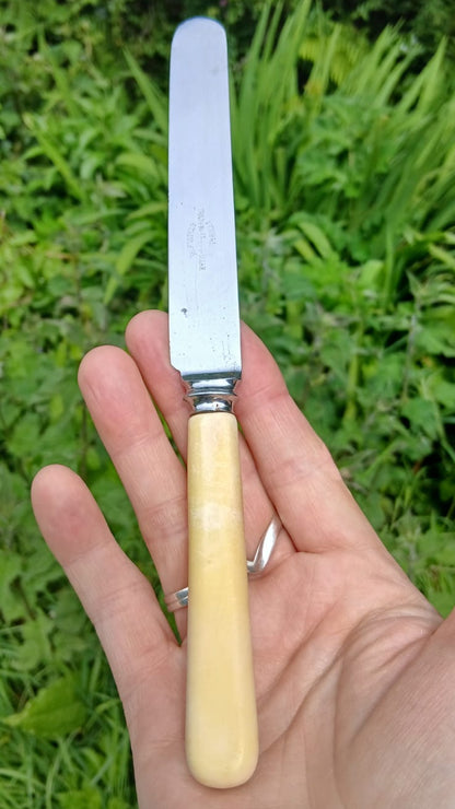 A small knife with a silver metal blade and a pale yellow handle.
