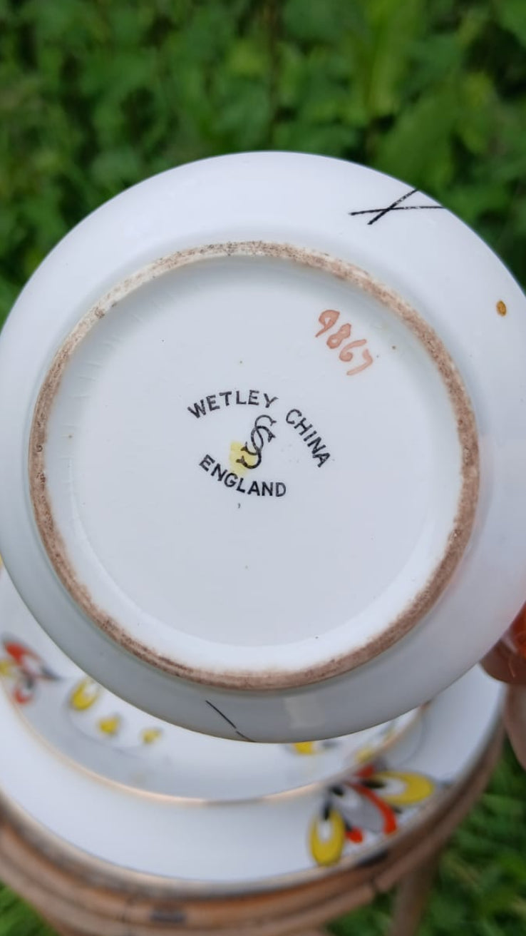 The bottom of a white ceramic cup is shown, featuring the printed mark 'WETLEY CHINA ENGLAND'.