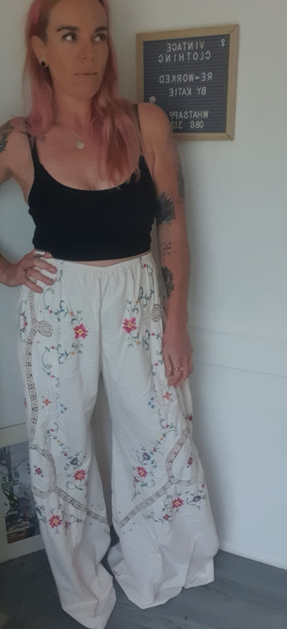 Reworked Linen Embroidery Pants Size 12 - 20