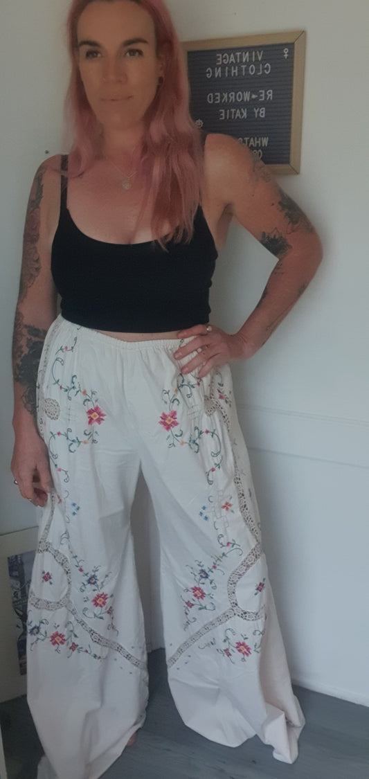 Reworked Linen Embroidery Pants Size 12 - 20