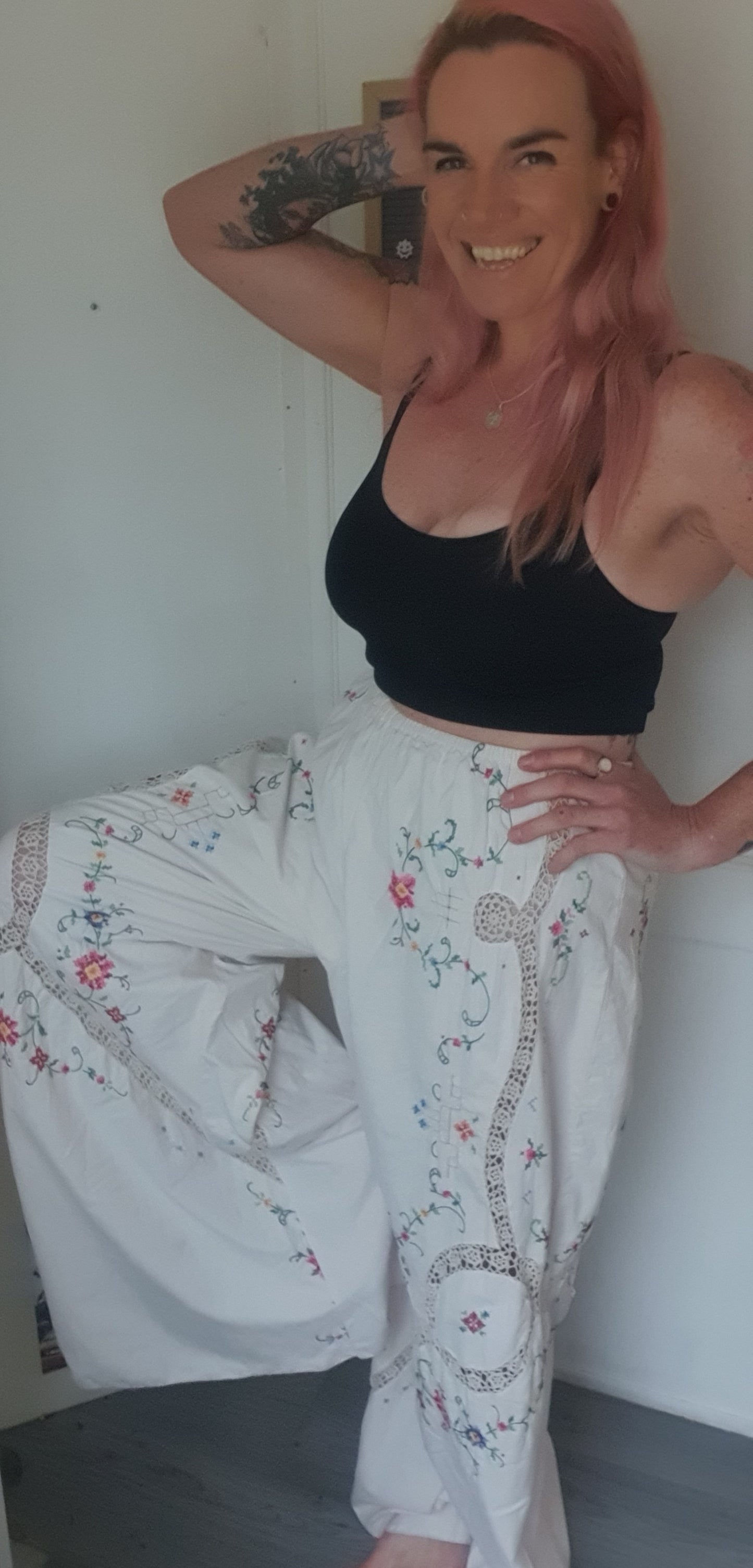 Reworked Linen Embroidery Pants Size 12 - 20
