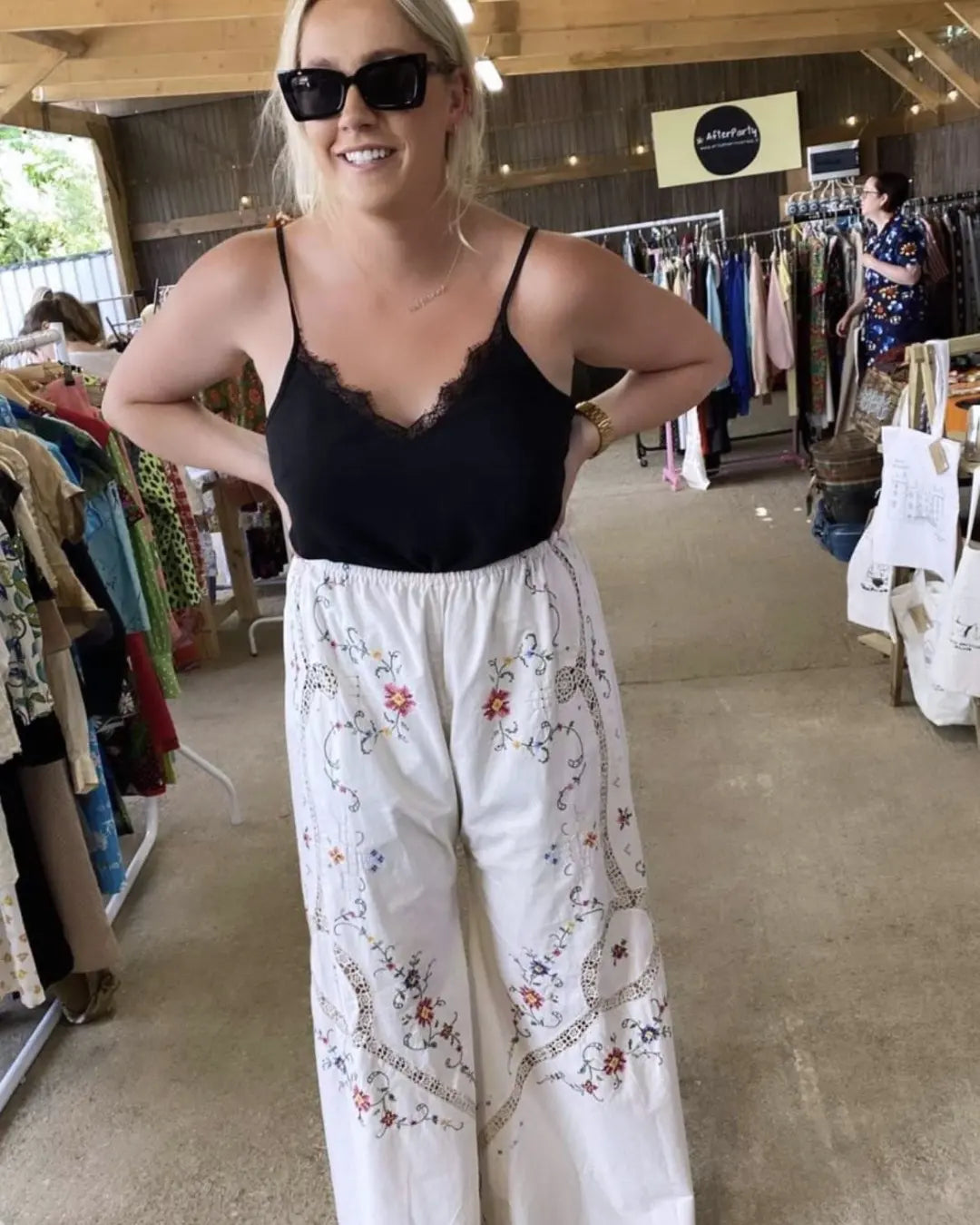 Reworked Linen Embroidery Pants Size 12 - 20