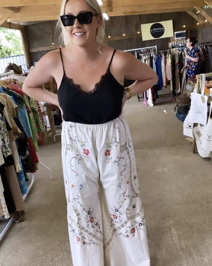 Reworked Linen Embroidery Pants Size 12 - 20