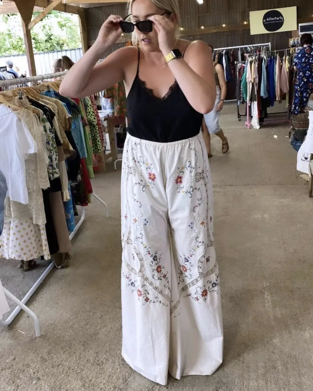 Reworked Linen Embroidery Pants Size 12 - 20